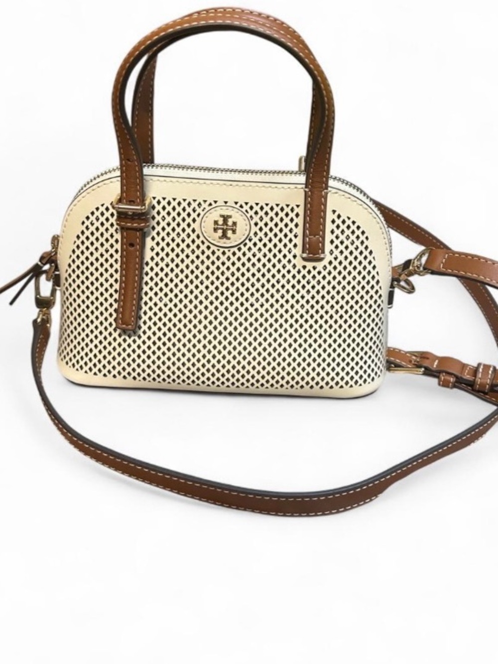 Tory Burch Cream and Brown Perforated Dome Crossbody